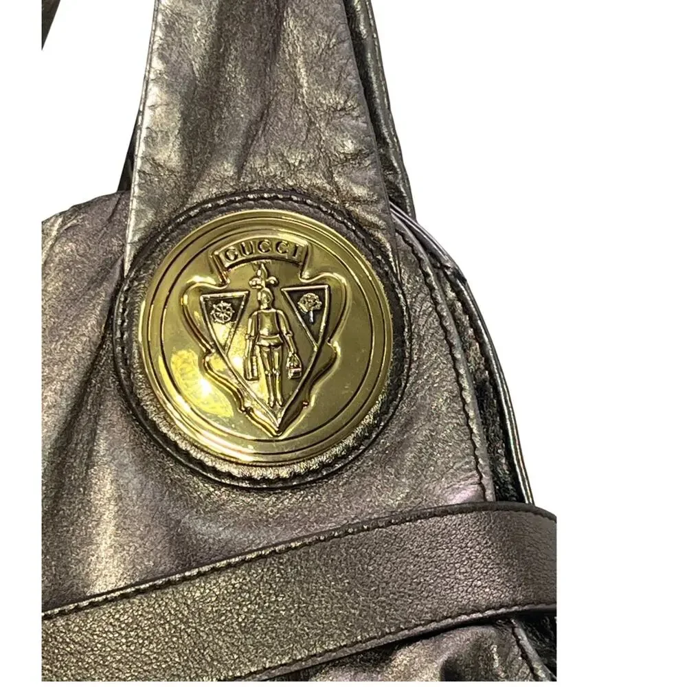 Gucci Metallic Pleated Leather Hysteria Hobo Bag Gold Crest Large 197016 Italy